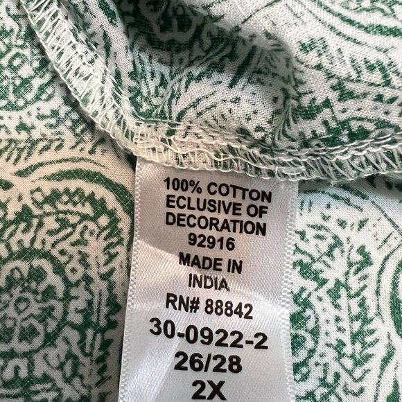 ellos Women's Top Green Geometric Short Sleeve Size 2X Blouse Cotton Tie Neck - Picture 4 of 6